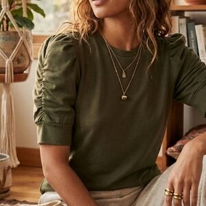 Walter Baker Ruched Statement Puff Sleeve Tee Military Green M